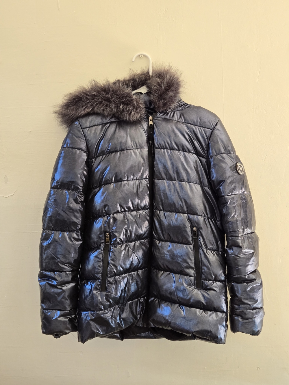 White Mark Shiny Puffer Coat with Faux Fur Hood